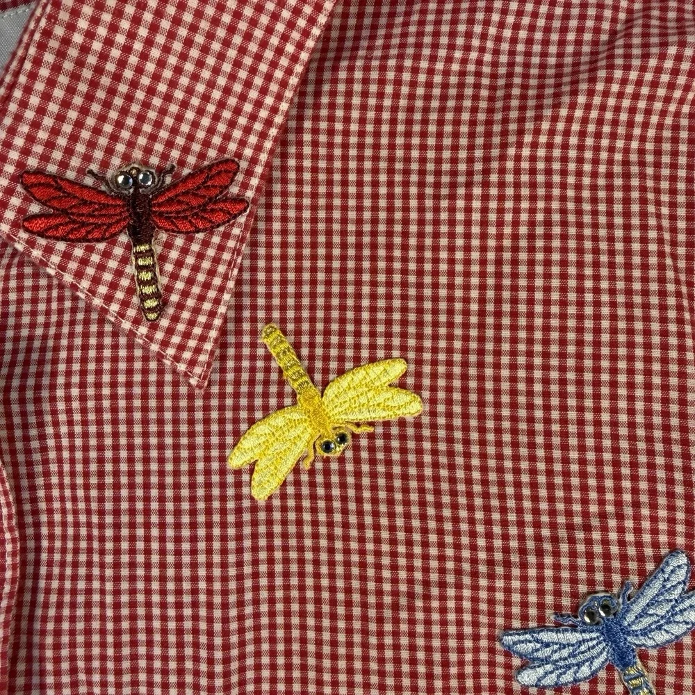 Vintage Red Gingham Blouse Shirt Dragonfly Appliqués With Rhinestones Size Large - Picture 4 of 8